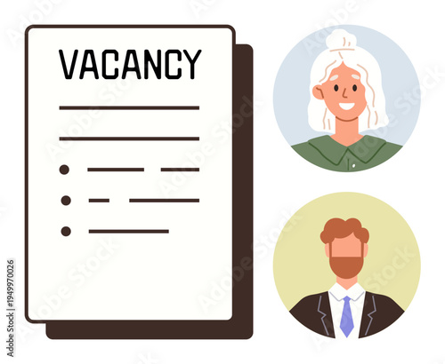 Human resources, employment, job search, team building, recruitment, career opportunities. Vacancy page with a female and a male candidate profile. Recruitment and employment concept