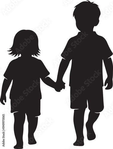 silhouette of a boy and a girl holding hands walking together