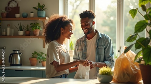A smiling couple exchanging a plastic bag in a modern kitchen with plants