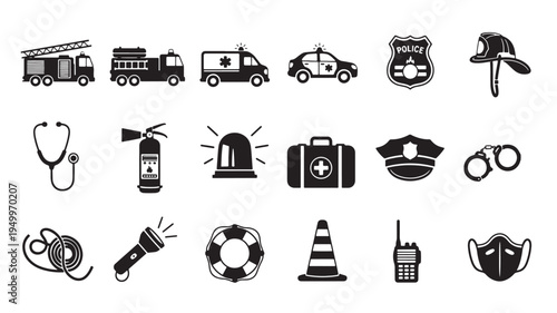 emergency services and transportation icons flat design vector illustration