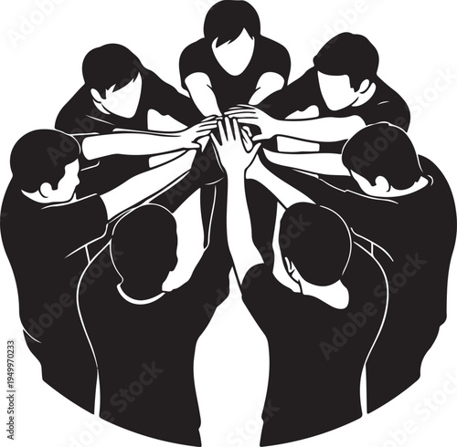 six people putting their hands together in a circle as a team