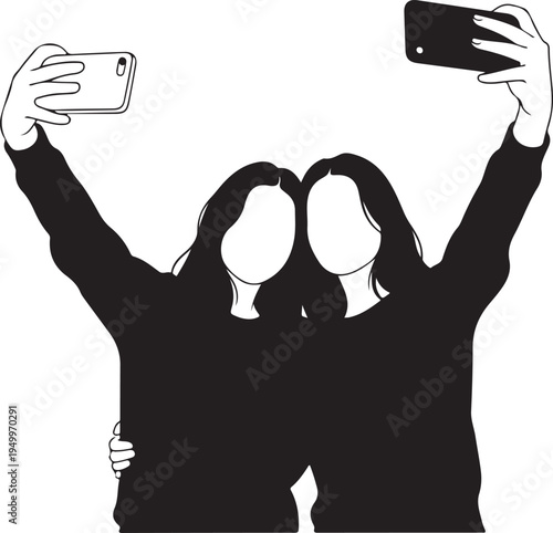 Two faceless women taking selfie with smartphones