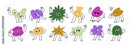 Abstract funny characters set. Cartoon shapes with happy smiling faces, comic emoji. Cute doodle blobs, funky figures with emotions, expressions. Flat vector illustration isolated on white background