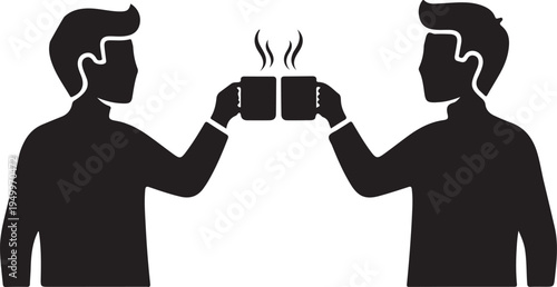 Two men toasting with hot beverages in a friendly gesture