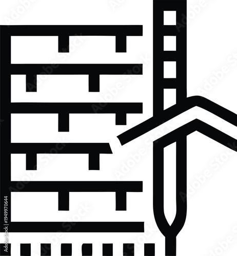 Architectural rendering of a structured building alongside a precise measuring needle icon