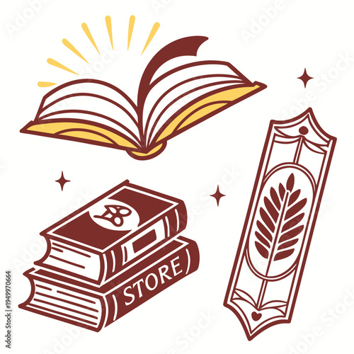 Educational book icons set - reading and bookstore vector illustration