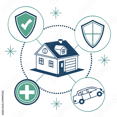 Home insurance concept: house, car, health, shield icons, real estate