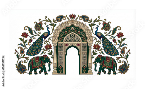 An ornate indian gateway featuring peacocks and elephants a detailed illustration on transparent background high-quality professional modern elegant stylish