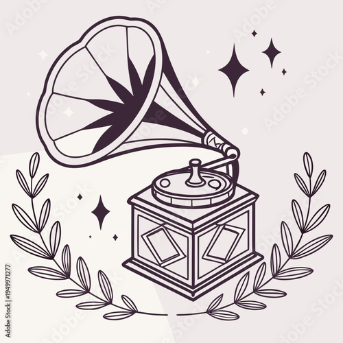 Vintage gramophone with laurel wreath and stars - retro music icon