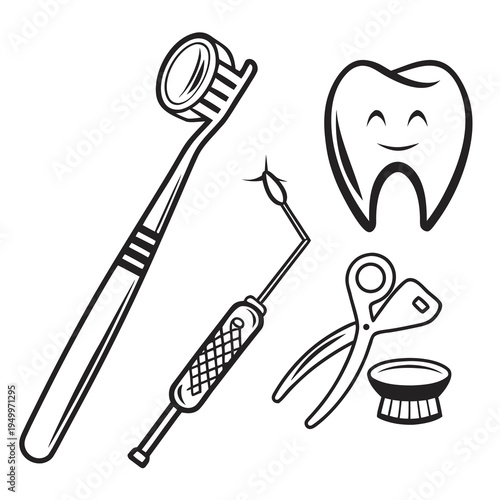 Dental care icons: toothbrush, mirror, tools, happy tooth - oral hygiene