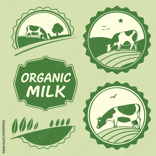 Organic milk farm badges: dairy cow & countryside vector labels