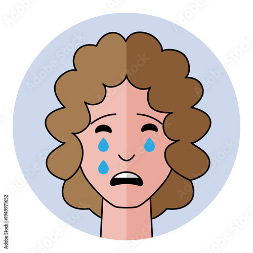 Crying woman avatar with tears and sad mouth expression in flat cartoon style. Female character portrait for crying emotion, grief, sorrow and mental health support icon.