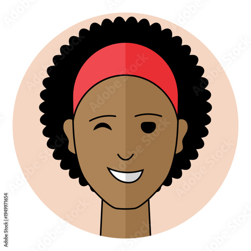 Black woman avatar winking with playful smile showing friendly emotion and humorous expression. Female character portrait in circle interface design.