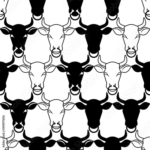 Cow and bull head seamless pattern with nose ring and mix of black silhouettes with contour outlines. Livestock farming, organic beef butcher, cattle ranch, and breeding symbol.