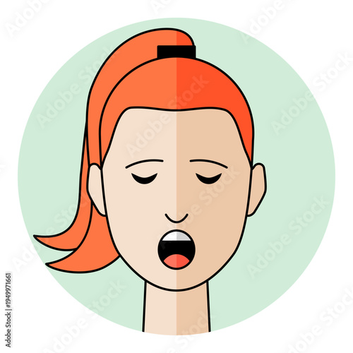 Women flat avatar icon representing fatigue, boredom, burnout, or lack of sleep. Isolated head of a female character with ginger hair on a round background.
