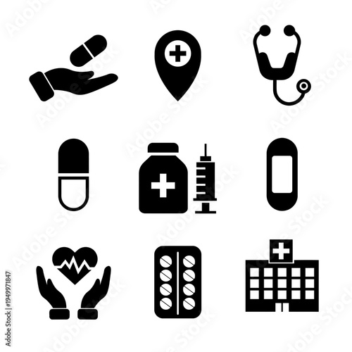 Collection of black silhouette medical and healthcare icons