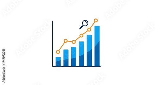 Abstract visualization of financial market success and data analysis, showing an upward trending bar graph with a magnifying glass examining the positive progression of business metrics