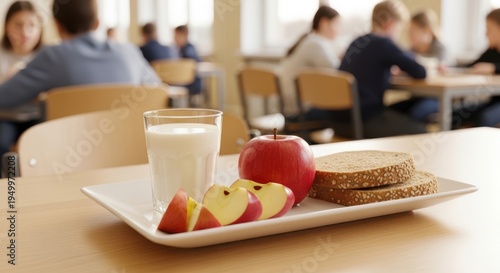 Healthy school lunch tray with slices and crackers on wooden table in cafeteria