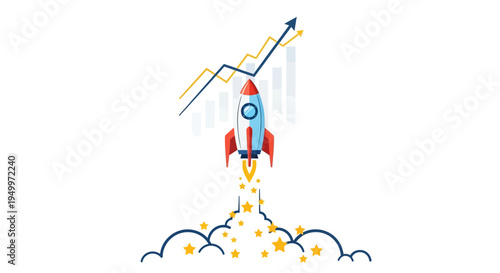 Vector rocket ship icon with graph and clouds