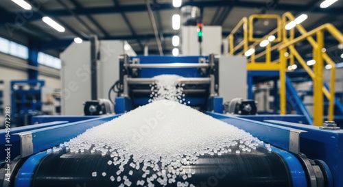 Industrial conveyor system transporting white plastic pellets in manufacturing facility