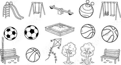 Collection of hand-drawn playground and park elements in a doodle style