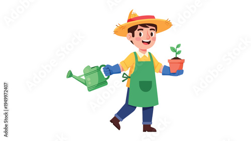 The Gardener's Nurturing Touch: A cheerful gardener, equipped with a watering can and a young seedling in a pot, ready to cultivate life and nurture growth.
