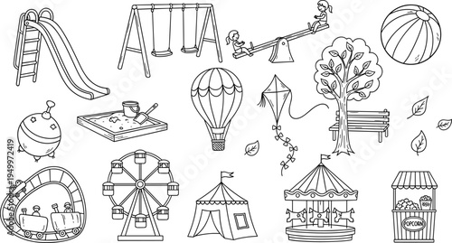 Collection of hand-drawn amusement park and playground elements in black and white