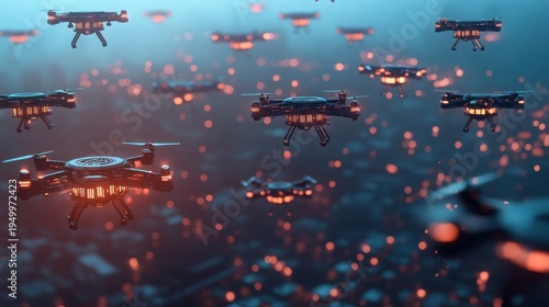 A swarm of drones flying in formation at dusk with city lights in the background