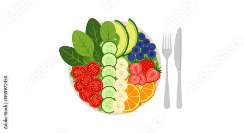 Vector illustration of fruit and vegetable plate with cutlery