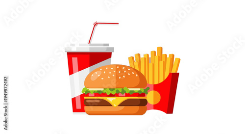 Vector illustration of fast food set with burger, fries and soda