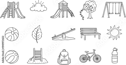 Collection of hand-drawn outdoor recreation and playground elements in a simple line art style
