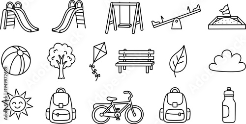 Collection of simple line art icons representing outdoor activities and park elements