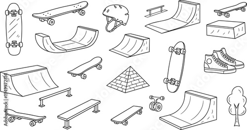 Collection of hand-drawn skateboard elements and park obstacles for extreme sports enthusiasts