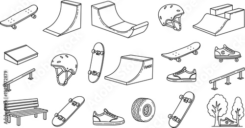 Collection of skateboard park elements and accessories in a doodle art style
