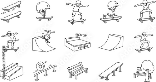 Collection of skateboard elements and tricks in a simple line art style
