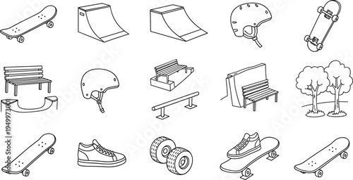 Collection of hand-drawn skateboard park elements and accessories in a simple line art style