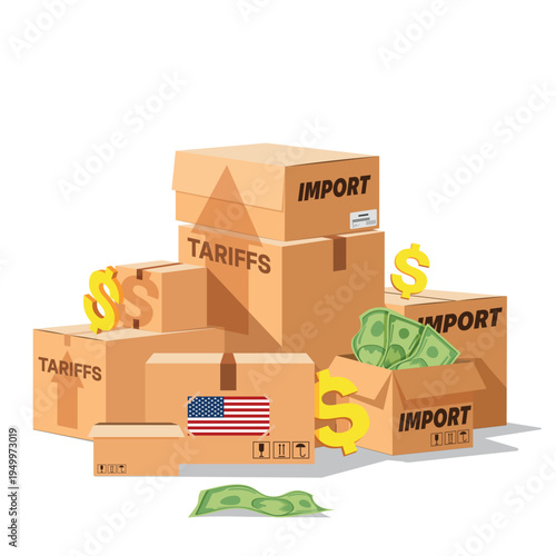 Tariffs and trade war concept vector illustration with craft logistic boxes, sings of dollar and percentages. Business and finance theme.