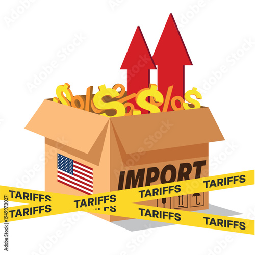 Tariffs and trade war concept vector illustration with craft logistic boxes, sings of dollar and percentages crossed by other yellow barrier tape. Business and finance theme.