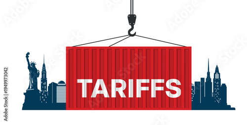 Tariffs and trade war concept. Silhouettes of buildings of New York City with logistic cargo container Against white background. Business and finance theme vector illustration.