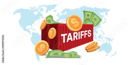 Logistic cargo container vector illustration in the composition with dollar Bills and cents coins against map of the world. Business and finance theme vector illustration.