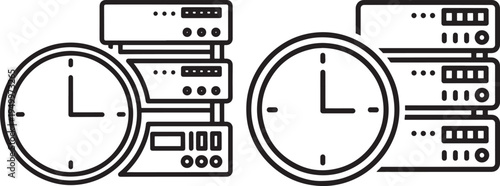 Outline icons of server racks and clocks, representing time and data management, simple vector illustration, Server Rack, Data Center, Line Art, White Background