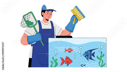 Aquarium Care Specialist: A dedicated individual meticulously cleans an aquarium, ensuring a healthy environment for aquatic life to thrive.