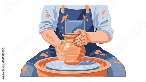 Potter Shaping Clay: A skilled potter meticulously shapes a clay pot on a spinning pottery wheel, his hands deftly guiding the clay into its final form. A scene that blends focus and creation.