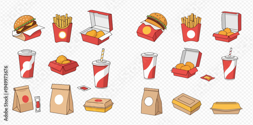 Fast food collection with burgers, fries, nuggets, drinks, and packaging for quick meals.