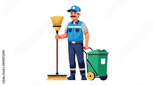 Clean City Worker: A dedicated city worker, equipped with a broom and trash receptacle, takes pride in maintaining a clean and orderly urban environment.