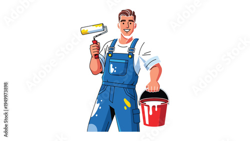 House Painter: A skilled house painter, holding a paint roller and a bucket, smiles with confidence, ready to transform a space with color and precision.