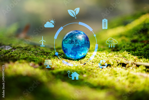 Carbon neutral and renewable energy concept with CO2 reduction icons in forest ecosystem. Sustainability, green technology, climate action and clean energy innovation.