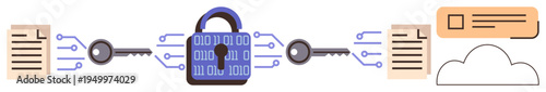 Cybersecurity, data encryption, online privacy, secure file sharing, digital communication, cloud storage. Lock between documents and a cloud, connected by keys and digital codes. Data encryption