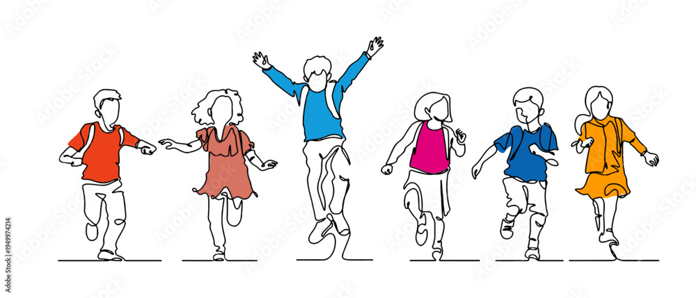 Fototapeta premium Back to School Children Line Art Vector Illustration 