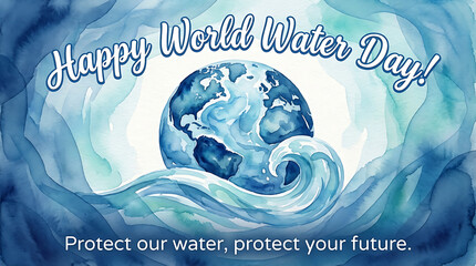 Happy world water day greeting card with watercolor globe and ocean wave illustration and text protect our water protect your future
